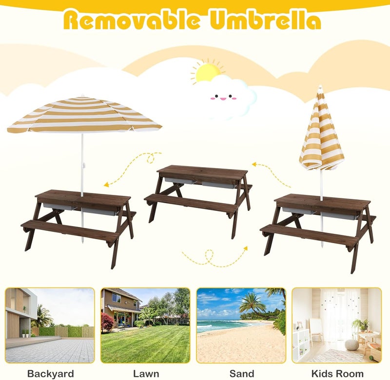 Olakids Kids Picnic Table, 4 in 1 Outdoor Toddler Sand Water Wooden Table and Chair Set with Removable Umbrella, Children Activity Furniture Bench Set for Patio Garden Backyard - Image 4
